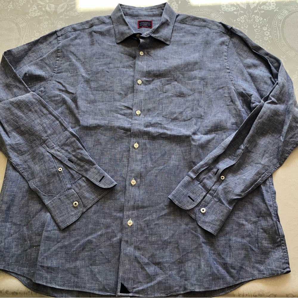 UNTUCKit Relaxed-Fit Wrinkle Resistant 100% Linen Blue Denim Shirt Men’s Size XL